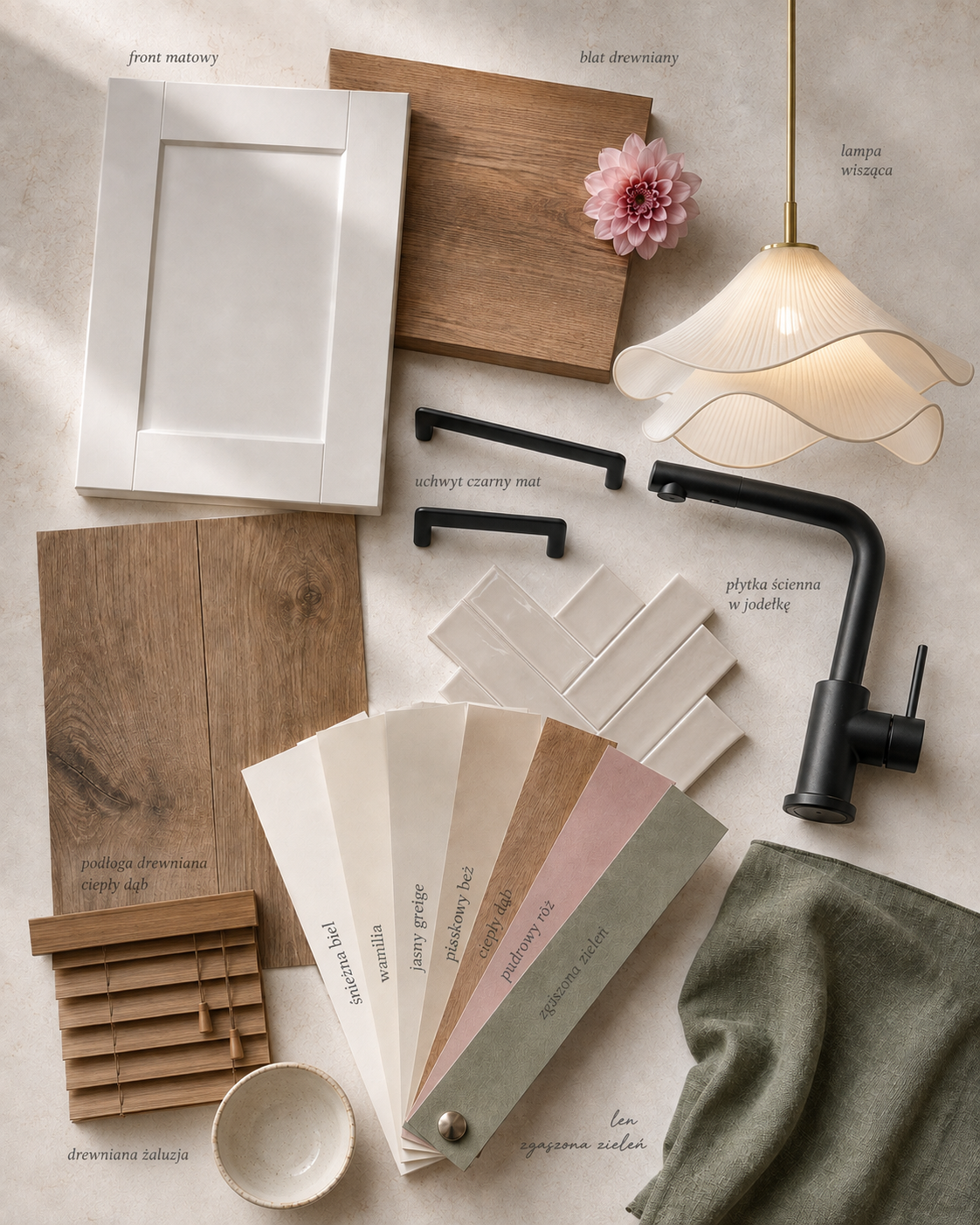 Moodboard kuchni z próbkami frontów, drewna, płytek, uchwytów i armatury